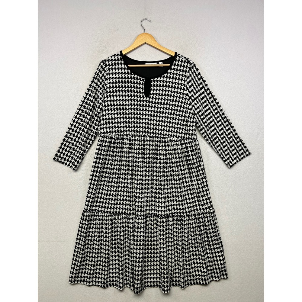 Dark Academia Susan Graver Womens L Black White Houndstooth Tiered Midi Dress